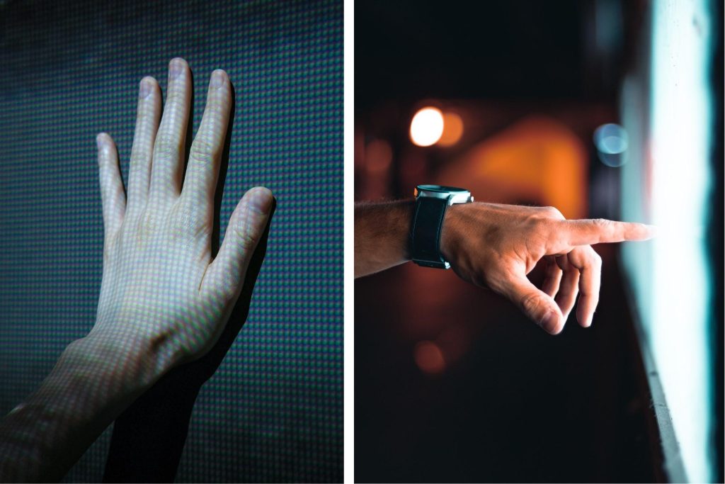 Two images of a hand touching a touch panel and touch screen